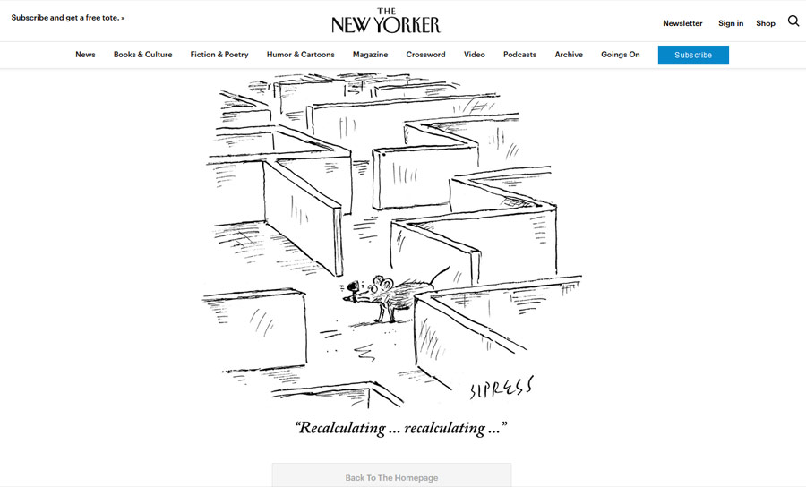 نمونه وبسایت نیویورکر - طراحی متن خطا - طنز در یوایکس رایتینگ