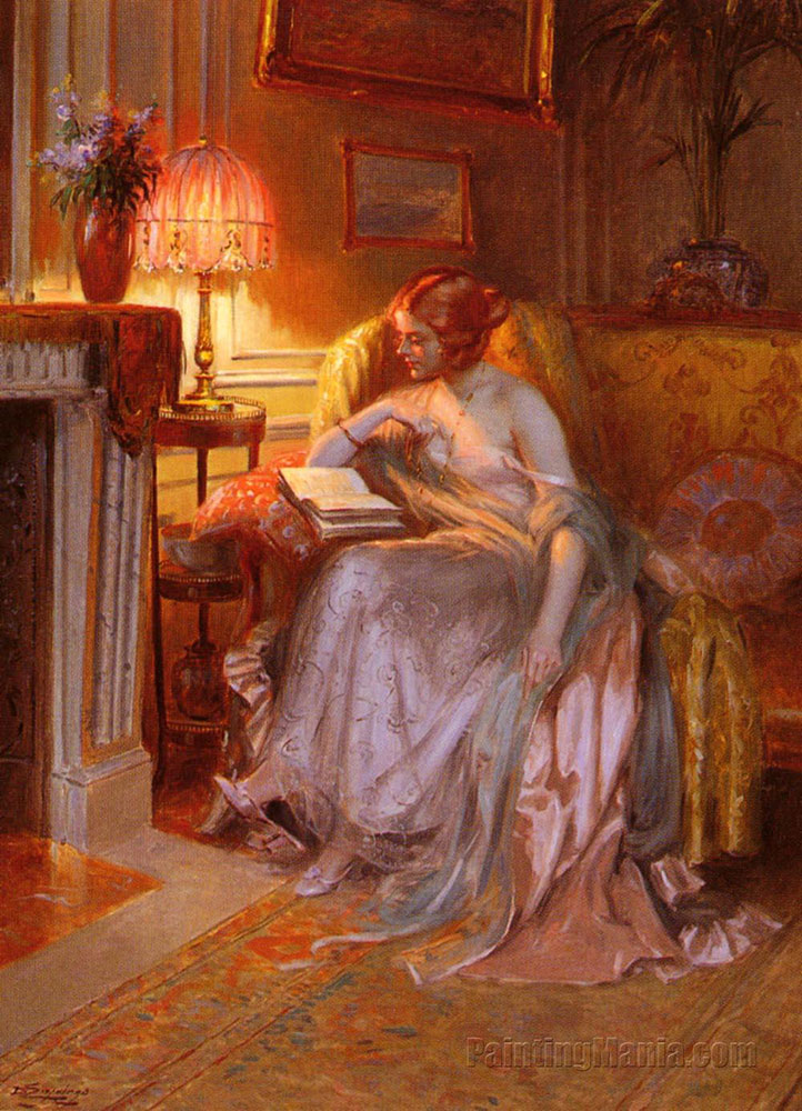 نقاشی زن کتابخوانی در کنار شومینه